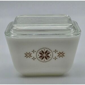Pyrex Town Country Refrigerator Dish 501 1.5 Cup White Brown Snowflake Lid USA